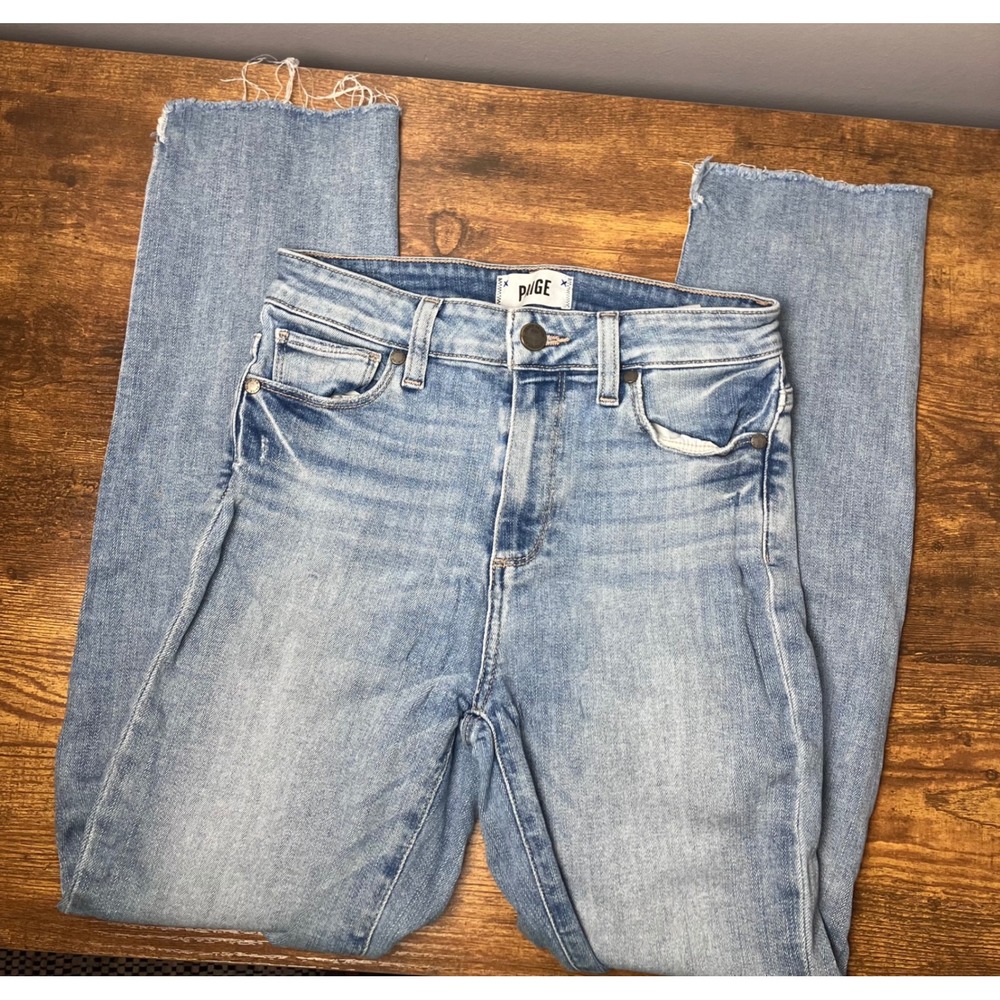 Paige Hoxton Straight Ankle Jeans Light Wash Raw Hem Size 25 Distressed Denim